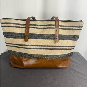Fossil Canvas Stripe Tote Bag Leather Trim Zip Top Large Shoulder Bag